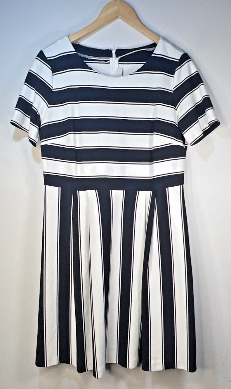 Elegant Phantom Black White Beetlejuice Style Dress Loft size 14 mini striped